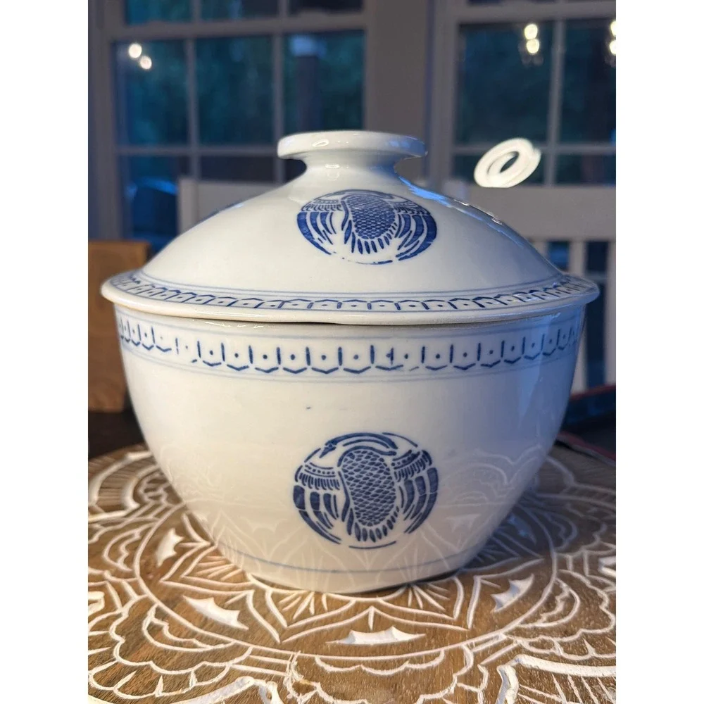 Vintage Blue and White Porcelain Crane Tureen Lidded Chinoiserie - 9in